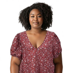 Madewell Women’s Size 2X Red Floral Puff Sleeve V-Neck Blouse